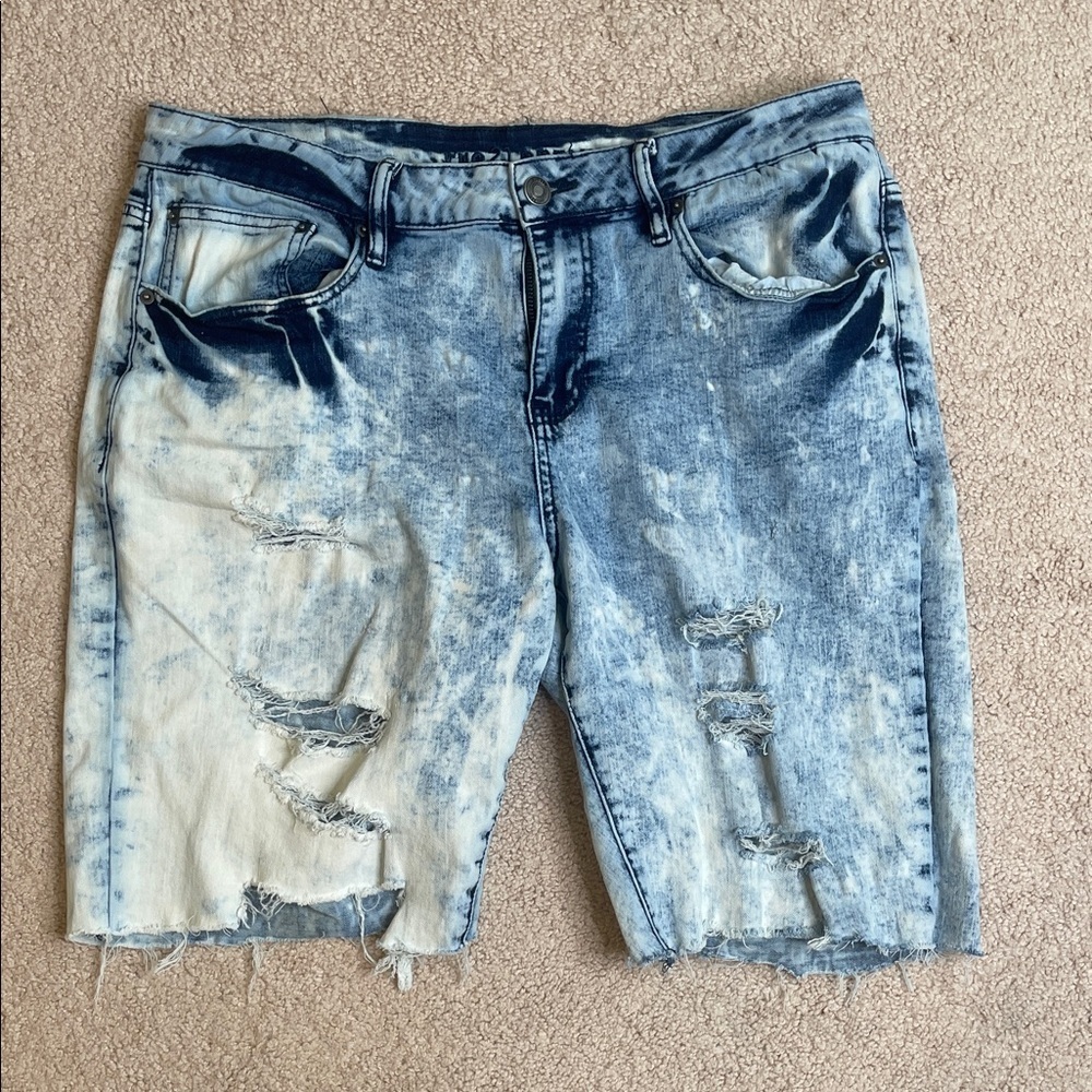 Rue21 Men's Custom 1 of 1 Acid Wash Blue Distressed Jean Shorts (Size: 34)